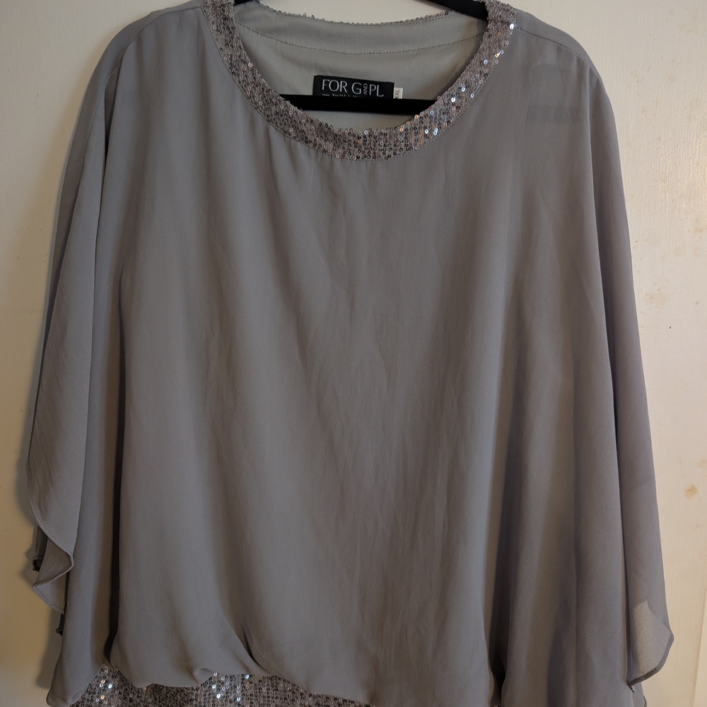 Grey Sequin-Trim Chiffon Blouse